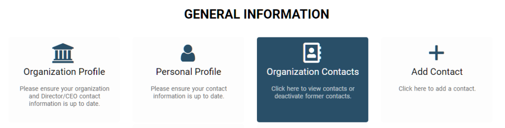 "Organization Contacts" button, third button in top row under "General Information"
