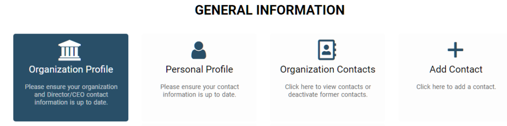 "Organization Profile" button, first button in first row under "General Information"
